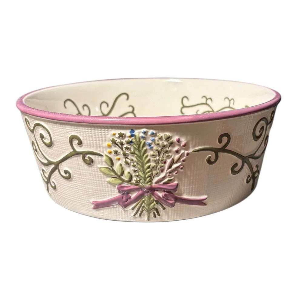Temp-tations by‎ Tara Bistro Ceramic Bowl Floral Herb Garden Pink Trim Cream
